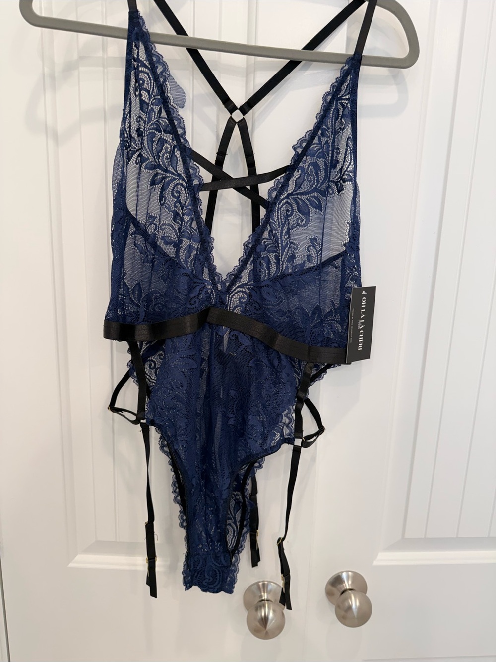 Lace Strappy Navy Bodysuit with Garters